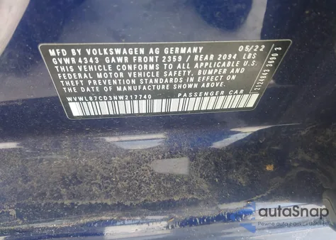 2022 Volkswagen Golf Gti 2.0T Se из США, поврежденный, VIN WVWL87CD3NW217740